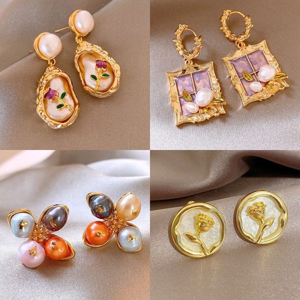 Monet's Garden Baroque Pearl Stud Earrings Oil Painting Style Vintage Earrings