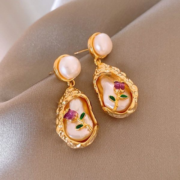 Monet's Garden Baroque Pearl Stud Earrings Oil Painting Style Vintage Earrings