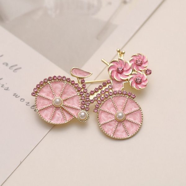 New fashion rhinestone pink bicycle pin anti-glare chest brooch