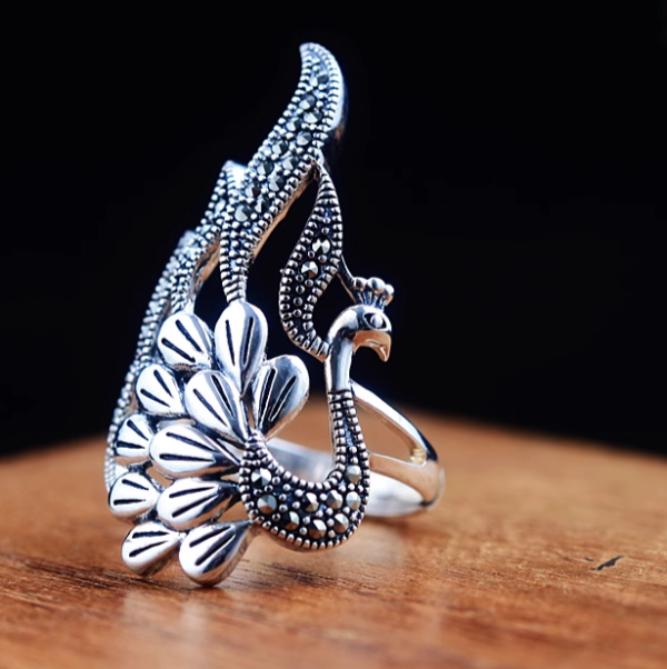 Vintage Silver Openwork Peacock Adjustable Ring