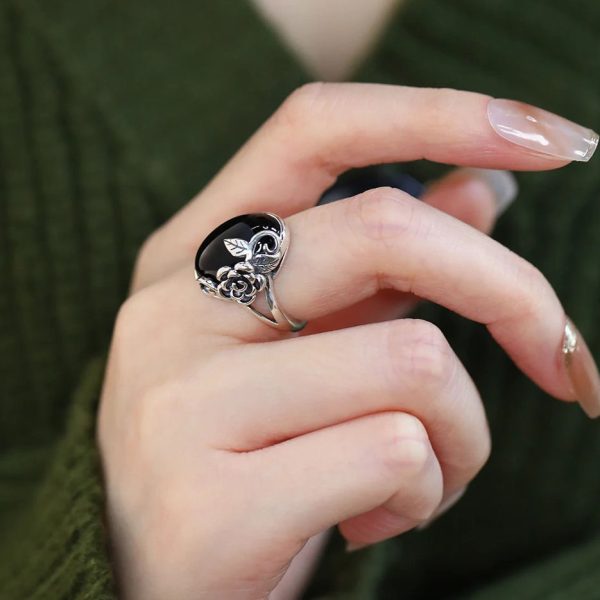 Women's Niche Light Luxury Black Rose Flower Open Rings