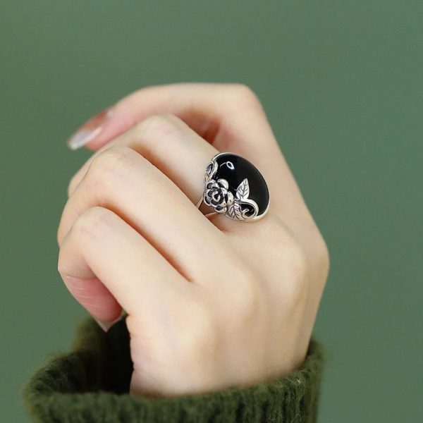 Women's Niche Light Luxury Black Rose Flower Open Rings