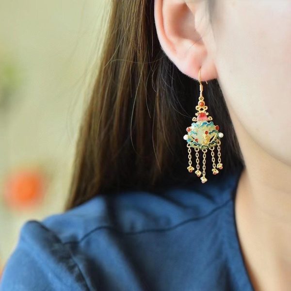 National trend court s925 sterling silver with hotan jade enamel vintage tassel earrings