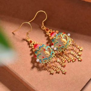 National trend court s925 sterling silver with hotan jade enamel vintage tassel earrings