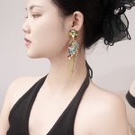 Fashion show exaggerated full diamond tassel earrings, parrot personalized colorful diamonds