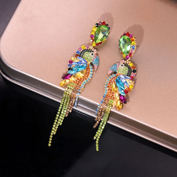 Fashion show exaggerated full diamond tassel earrings, parrot personalized colorful diamonds