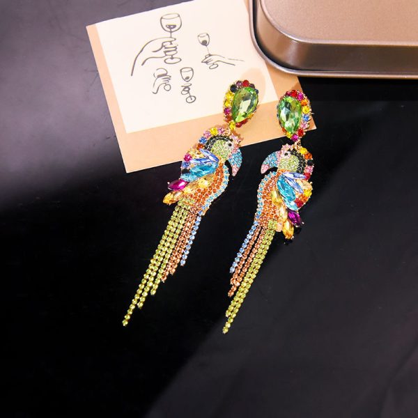 Fashion show exaggerated full diamond tassel earrings, parrot personalized colorful diamonds