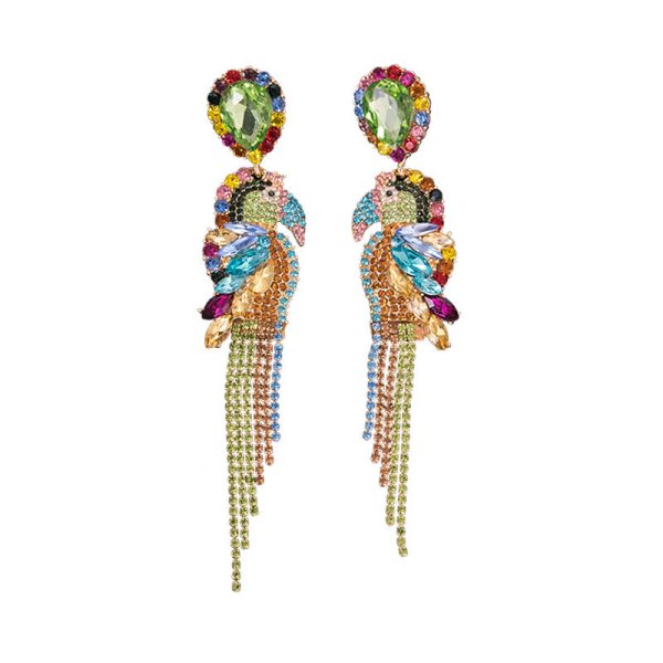 Fashion show exaggerated full diamond tassel earrings, parrot personalized colorful diamonds