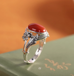 Siam Ancient Rhythm s925 silver inlaid with egg surface natural wutian jade ring, open finger ring floral leaf lace