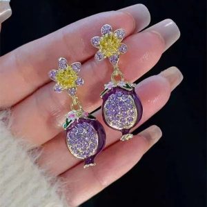 Purple full diamond crystal silver needle pomegranate flower earrings, Netflix fashion earrings