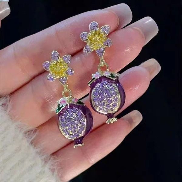 Purple full diamond crystal silver needle pomegranate flower earrings, Netflix fashion earrings