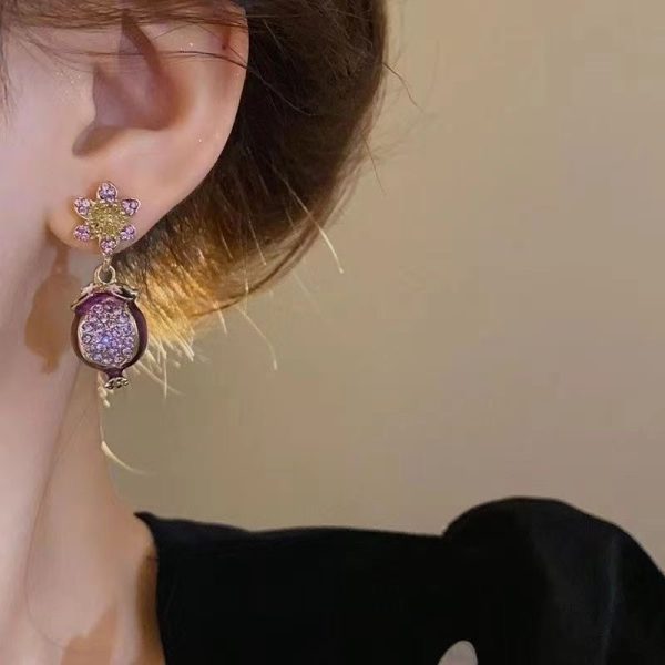 Purple full diamond crystal silver needle pomegranate flower earrings, Netflix fashion earrings