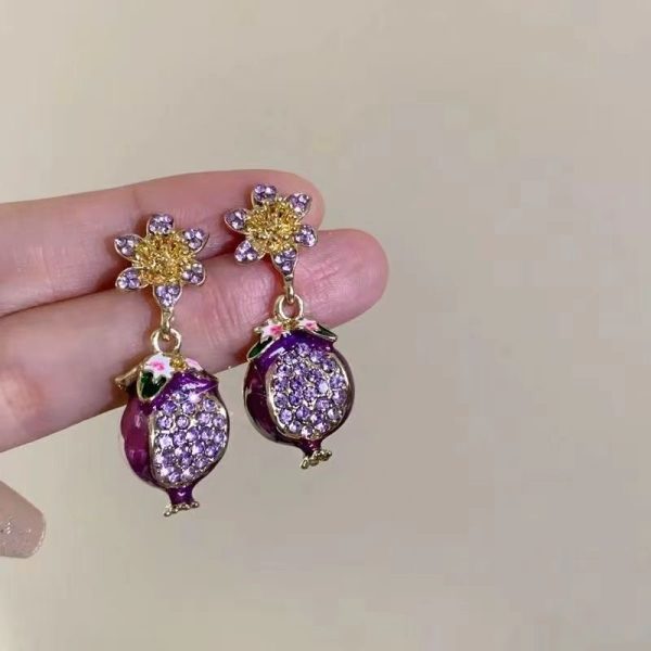 Purple full diamond crystal silver needle pomegranate flower earrings, Netflix fashion earrings